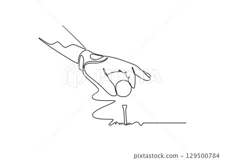 Single continuous line drawing golf ball on a tee and green field ready to be hit with golf stick. Golf course with ball and grass on close up of hand. One line draw graphic design vector illustration Single continuous line drawing golf ball on a tee and green field ready to be hit with golf stick. Golf course with ball and grass on close up of hand. One line draw graphic design vector illustration 129500784