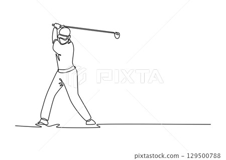 Single one line drawing male golfer finishing powerful swing with full follow through, showcasing athletic and graceful motion of sport. Culmination of perfect shot. Design graphic vector illustration 129500788