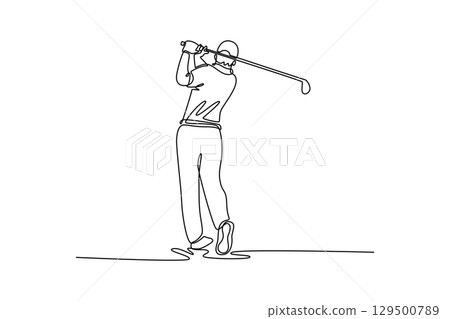 Single one line drawing male golfer's back as he completes his swing, highlighting the rotational motion, power, and elegant finish of successful shot in the sport. Design graphic vector illustration Single one line drawing male golfer's back as he completes his swing, highlighting the rotational motion, power, and elegant finish of successful shot in the sport. Design graphic vector illustration 129500789
