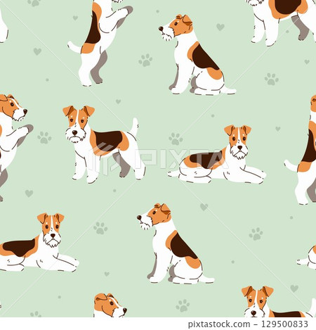 Seamless pattern with cute fox terrier dogs. Vector graphics. 129500833