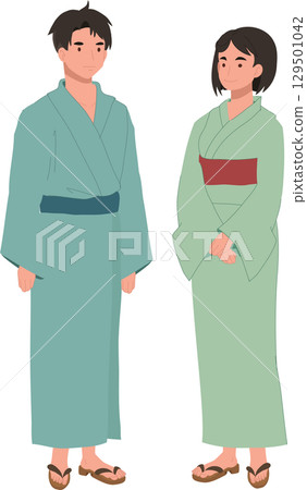 japanese culture couple illustration wearing yukata kimono dress traditional japan fashion 129501042