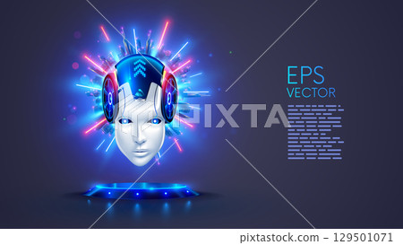 AI or AGI in the form of robot or cyborg head hanging over a podium in neon rays and a megacity behind in cyberspace. Technologies of AI, AGI and neural networks. Wise face of artificial intelligence 129501071
