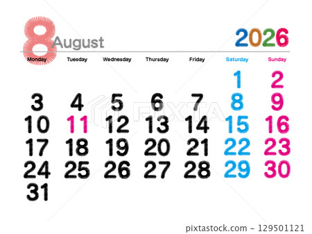 2026年8月繡日曆,從星期一開始 2026年8月繡日曆,從星期一開始 129501121