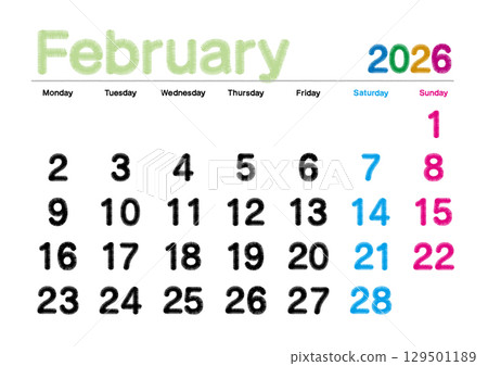 February 2026 embroidered calendar, starts on Monday, no Japanese holidays February 2026 embroidered calendar, starts on Monday, no Japanese holidays 129501189