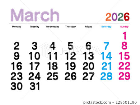 Embroidered calendar for March 2026 (starts on Monday) - No Japanese holidays Embroidered calendar for March 2026 (starts on Monday) - No Japanese holidays 129501190