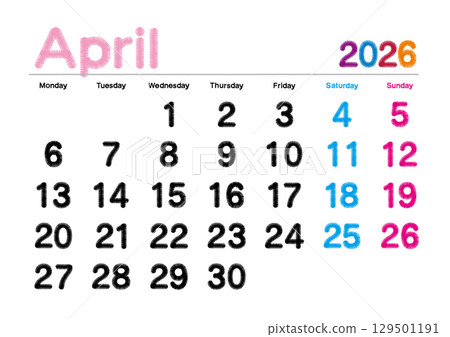 Embroidered calendar for April 2026 (starts on Monday) - No Japanese holidays Embroidered calendar for April 2026 (starts on Monday) - No Japanese holidays 129501191