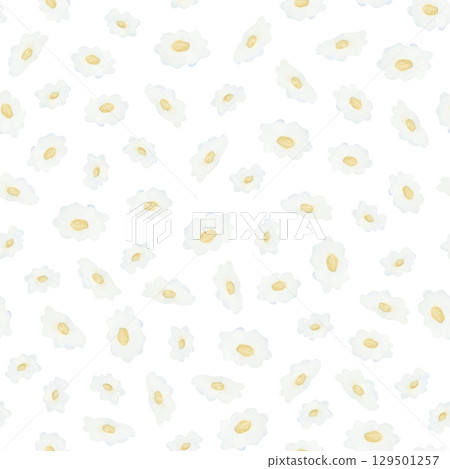 Simple naive floral seamless pattern with white chamomiles. Tiny small daisies repeat background in childish flat style. Hand drawn cute flowers kids for textiles, spring fabric or nursery wallpaper 129501257