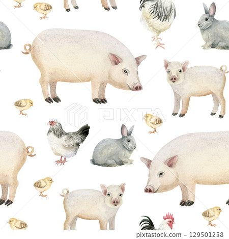 Farm pigs, piglets, rabbits, roosters and chickens watercolor seamless pattern on white. Hand drawn cute animals repeat background for village and countryside designs in pastel pink beige colors Farm pigs, piglets, rabbits, roosters and chickens watercolor seamless pattern on white. Hand drawn cute animals repeat background for village and countryside designs in pastel pink beige colors 129501258