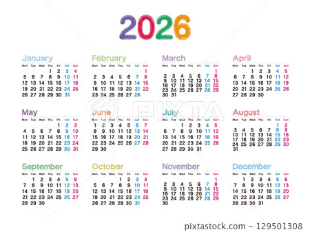 2026 embroidered calendar with Monday start and no Japanese holidays 129501308