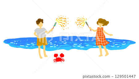 Illustration of enjoying hand-held fireworks at the beach 129501447