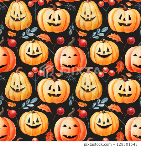 Watercolor pumpkin pattern with jackolanterns autumn leaves berries and spiders on white seasonal background for design 129501545