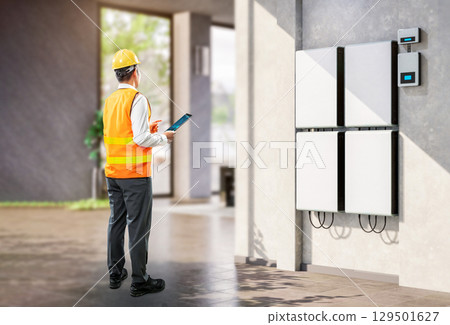 Asian engineer or technician with battery energy storage system for residential used Asian engineer or technician with battery energy storage system for residential used 129501627