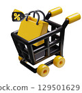 Black 3d shopping cart icon with shopping bag and sale price tag 129501629