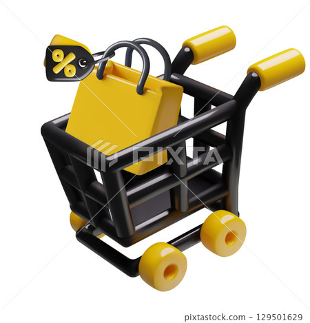 Black 3d shopping cart icon with shopping bag and sale price tag Black 3d shopping cart icon with shopping bag and sale price tag 129501629