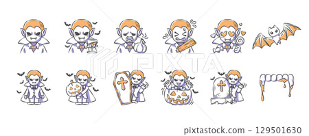Halloween dracula or vampire . Hand drawn icon cartoon characters illustration collection . Vector . 129501630