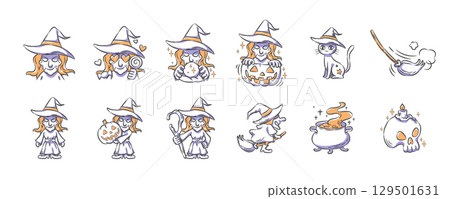 Halloween witch . Hand drawn icon cartoon characters illustration collection . Vector . Halloween witch . Hand drawn icon cartoon characters illustration collection . Vector . 129501631