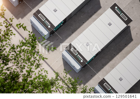 Group of energy storage systems or battery container units top view 129501641