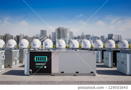 Energy storage system or battery container unit with hydrogen tanks for smart city 129501643