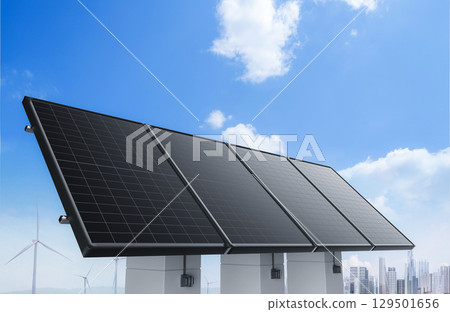 Solar panel farm with cityscape background 129501656