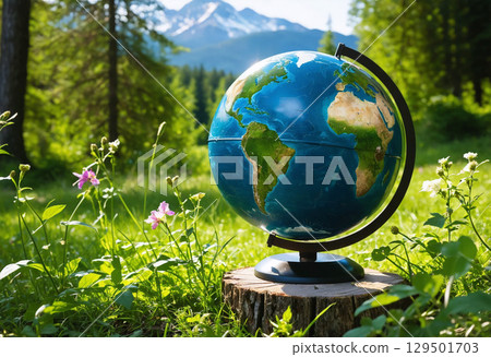 一個坐落在綠色自然中的地球 129501703