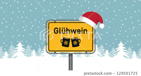 place sign with german word mulled wine in snowy winter landscape vector illustration 129501725