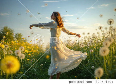 Woman in a dress dancing in a field Woman in a dress dancing in a field 129501795