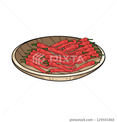 illustration of chili in wooden plate 129501868