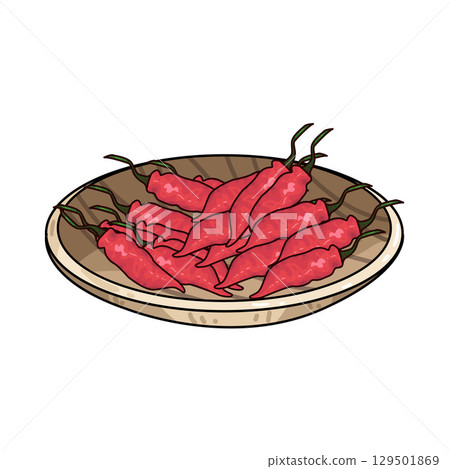 illustration of chili in wooden plate 129501869