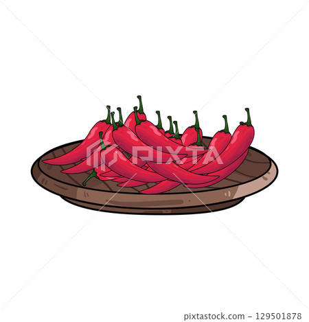 illustration of chili in wooden plate 129501878