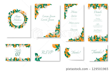 Orange wedding invitation template with floral wreath 129501965