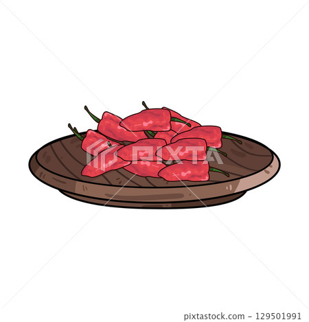 illustration of chili in wooden plate 129501991