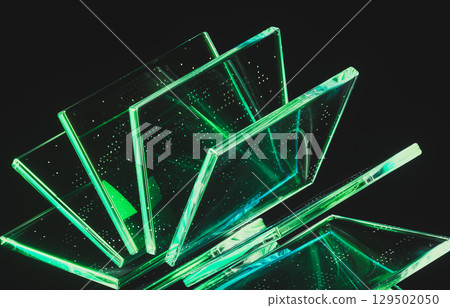 Abstract dynamic layered transparent crystal glass on dark background. 3d rendering Abstract dynamic layered transparent crystal glass on dark background. 3d rendering 129502050