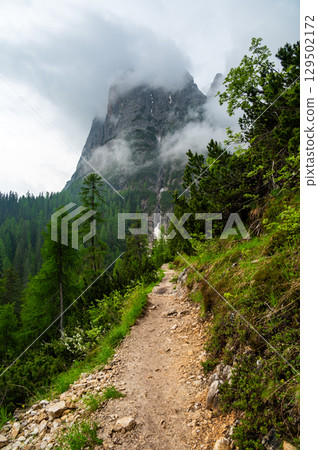 Mountain trail in the Dolomites (Dolomiti, Dolomiten), Italy, leading to Lago Sorapis. The path winds along rocky slopes with stunning views of valleys, forests, and peaks 129502172