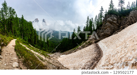 Mountain trail in the Dolomites (Dolomiti, Dolomiten), Italy, leading to Lago Sorapis. The path winds along rocky slopes with stunning views of valleys, forests, and peaks Mountain trail in the Dolomites (Dolomiti, Dolomiten), Italy, leading to Lago Sorapis. The path winds along rocky slopes with stunning views of valleys, forests, and peaks 129502177
