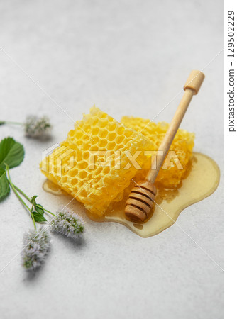 Honeycombs, honey dipper and mint flowers creating a sweet and natural scene Honeycombs, honey dipper and mint flowers creating a sweet and natural scene 129502229