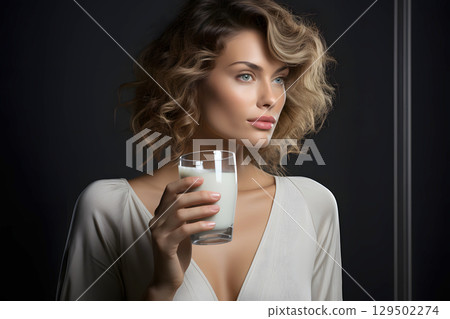 beautiful young woman with a glass of milk in her hands. healthy and healthy drinks 129502274