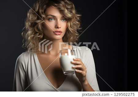 beautiful young woman with a glass of milk in her hands. healthy and healthy drinks 129502275