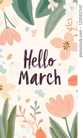 Hello March greetings floral illustration with colorful flowers and leaves 129502342
