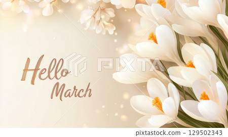 White crocus flowers with Hello March text and bokeh background 129502343