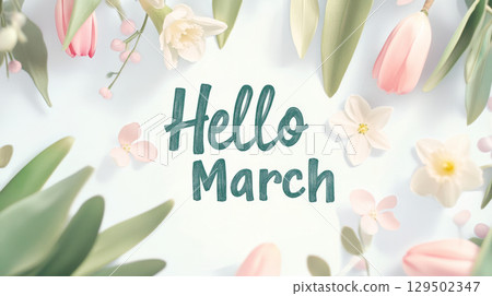 Pink tulips and bokeh light background with hello march text for spring 129502347