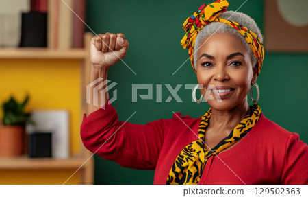 frican american mature woman with raised fist of empowerment and black women solidarity, International Womens Day, Black History Month concept 129502363