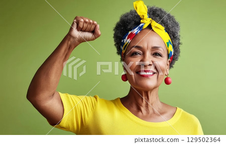 Black mature woman with raised fist of empowerment, strength and women solidarity, International Womens Day, Black History Month concept 129502364
