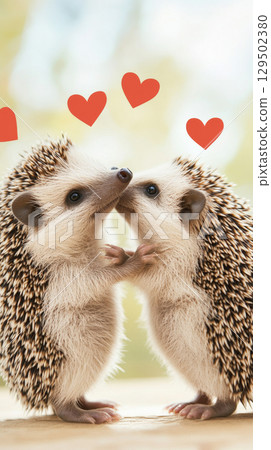 Hedgehogs hugging with hearts on soft pastel background, St Valentines Day postcard 129502380