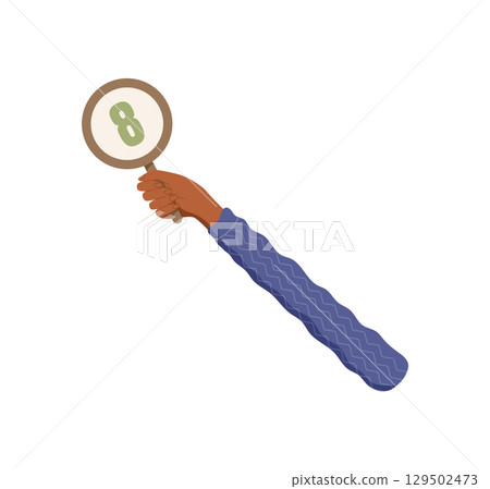 Flat hand hold eight circle symbol. Hand raise feedback with rate and rank, offering vote and review. Customer satisfaction concept, isolated element, modern style. 129502473