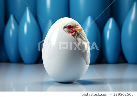 decorative chicken egg and chick on a blue background 129502503