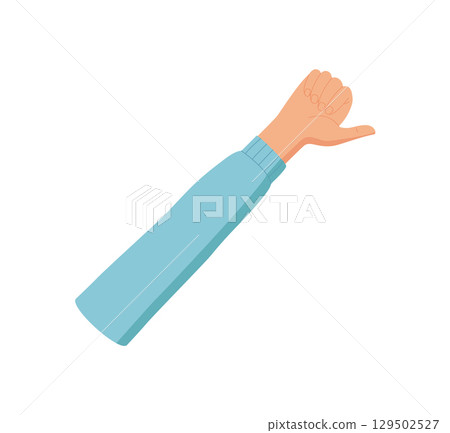 Cartoon hand gesture showing number one. Raised palm with index finger up and arm in blue sleeve creates simple counting pose. Flat style illustration isolated on white background. Suitable for Cartoon hand gesture showing number one. Raised palm with index finger up and arm in blue sleeve creates simple counting pose. Flat style illustration isolated on white background. Suitable for 129502527