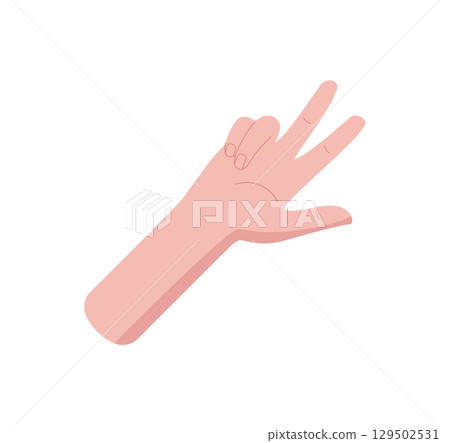 Flat style hand showing the number three sticker. Palm with three fingers raised and thumb folded down. Bare human hand gesture useful for math, counting, or education. Flat style hand showing the number three sticker. Palm with three fingers raised and thumb folded down. Bare human hand gesture useful for math, counting, or education. 129502531