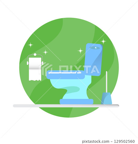 Toilet bawl icon with toilet paper roll isolated on green background. Flat Toilet room icon. Vector Cleaning concept illustration 129502560