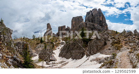 Cinque Torri rock formations in the Dolomites (Dolomiti, Dolomiten), Italy. Majestic stone towers rising above the snowy alpine landscape, a famous spot for climbers and hikers Cinque Torri rock formations in the Dolomites (Dolomiti, Dolomiten), Italy. Majestic stone towers rising above the snowy alpine landscape, a famous spot for climbers and hikers 129502599
