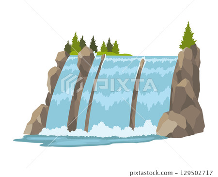 Cartoon river waterfall. Landscape with mountains and trees. Design element for travel brochure or illustration mobile game. Fresh natural water 129502717